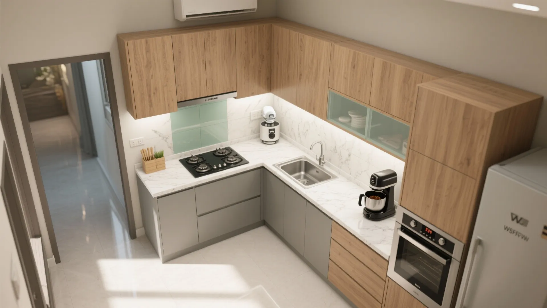 L-shaped kitchen layout that frees more counter space