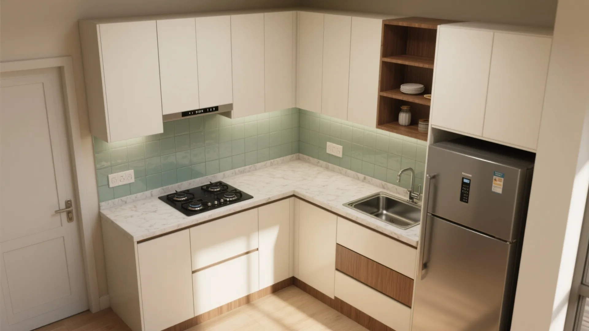 An L-shaped small kitchen layout for a 1 BHK