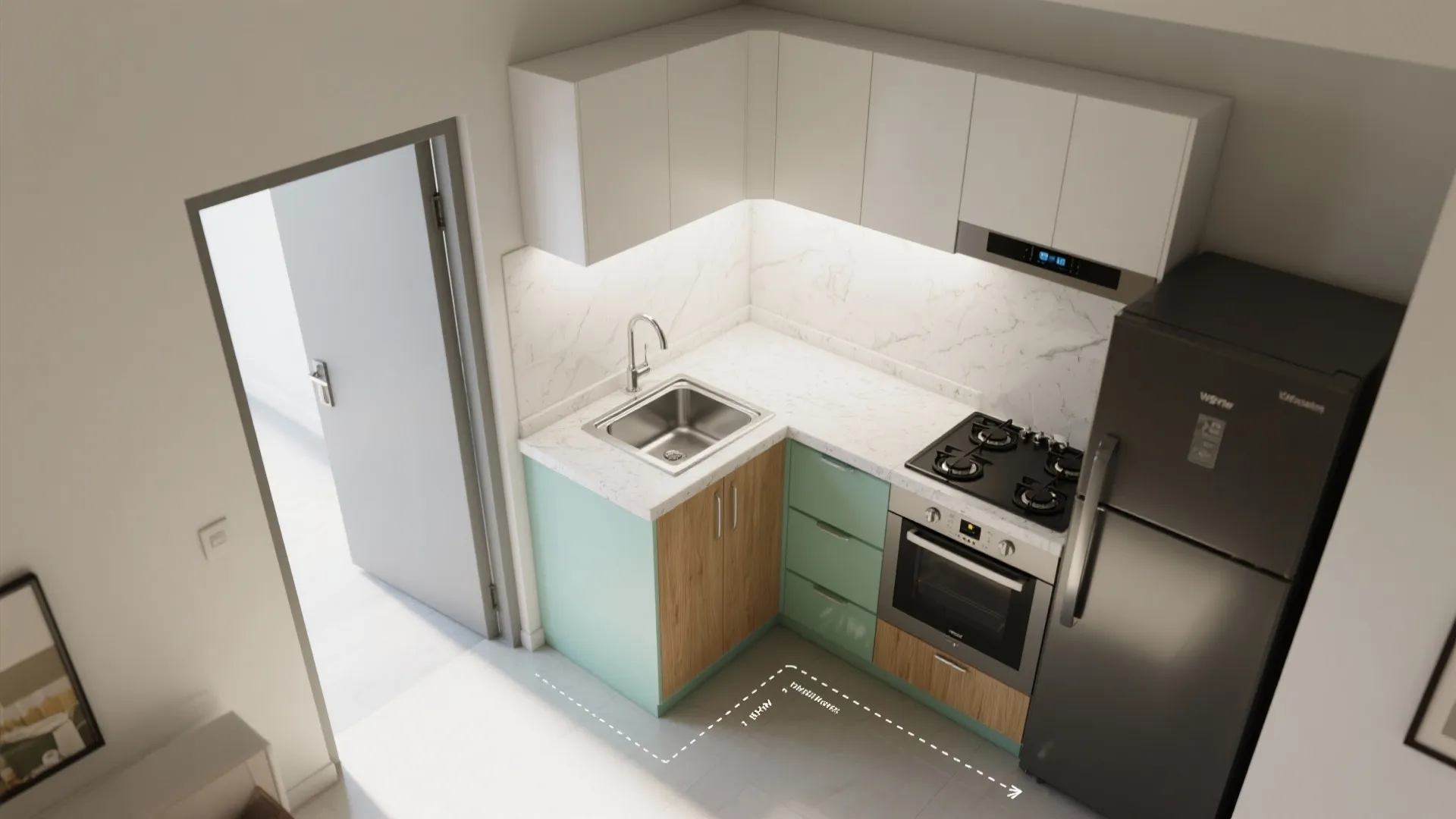 Small L-shaped kitchen interior design drawing with white cabinets, wood drawers, black fridge, and stove