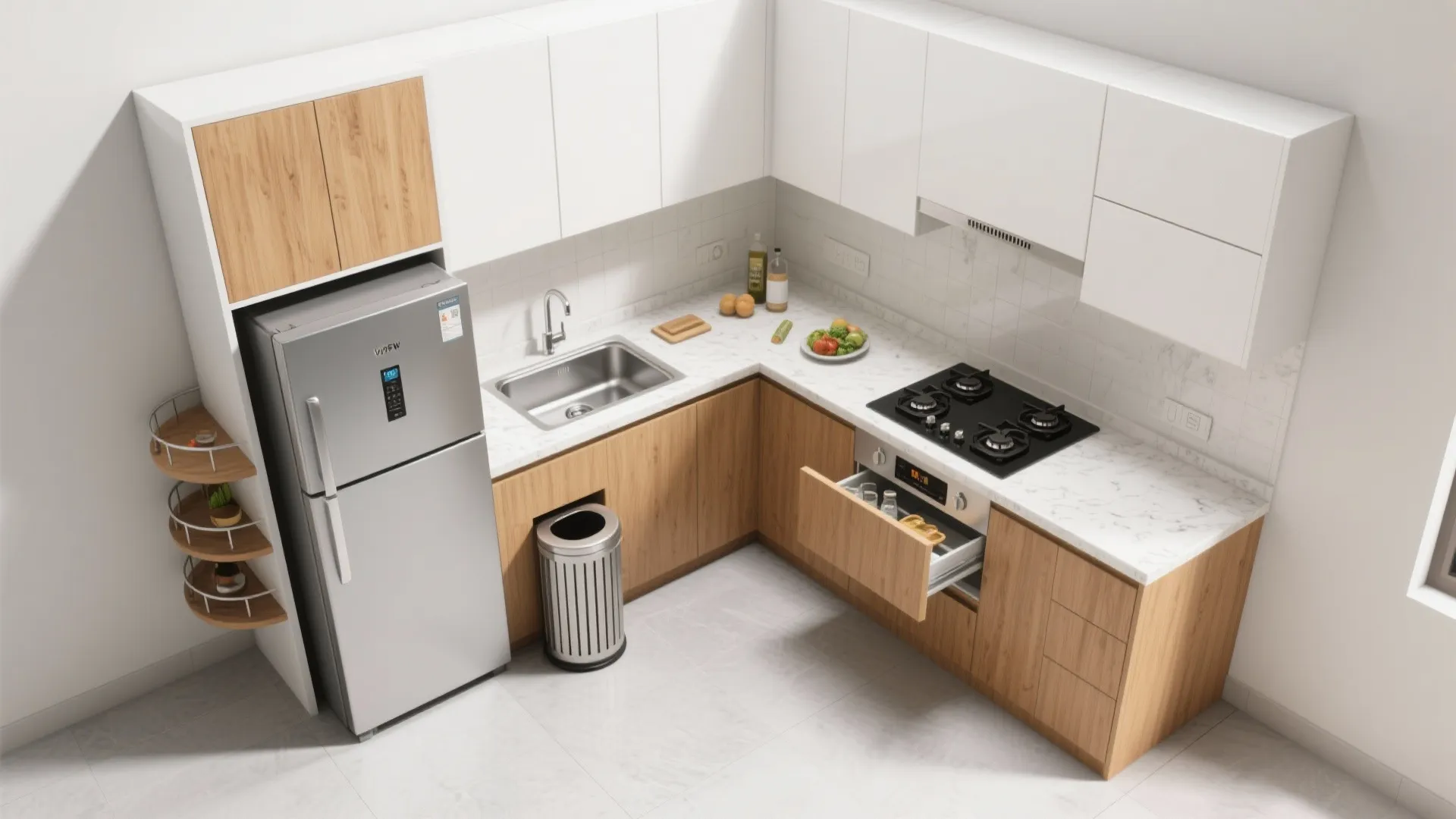 Top down interior design drawing of L-shaped kitchen with wooden cabinets and silver fridge freezer