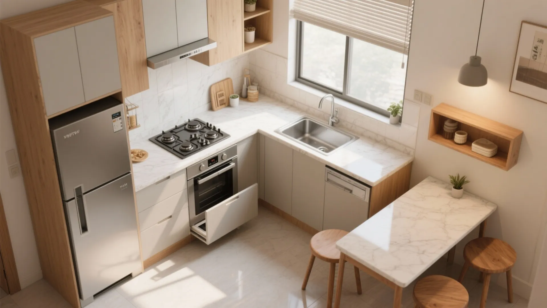 Compact L-shaped kitchen layout that flows