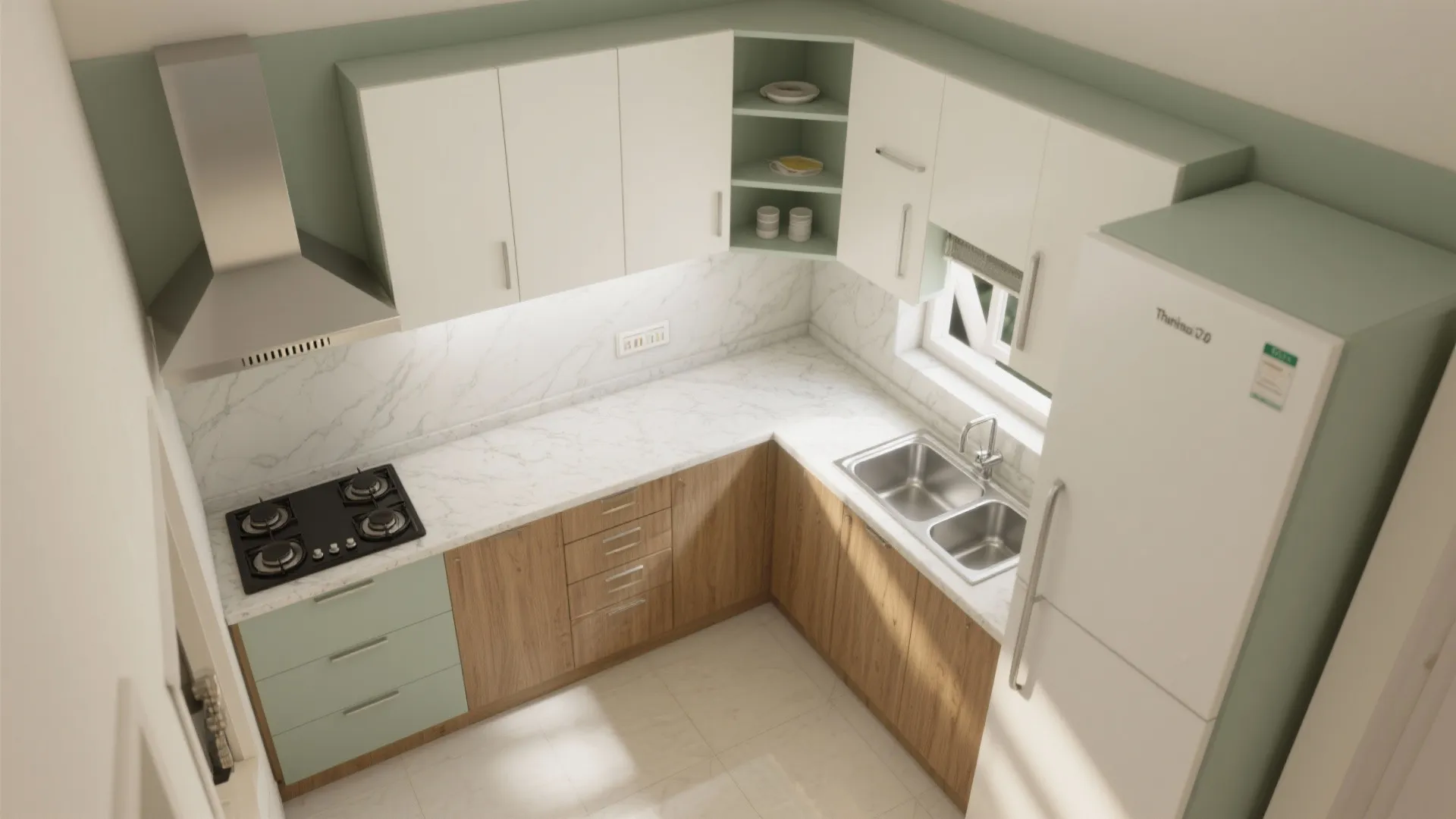 Top view interior design drawing of an L-shaped kitchen with wood cabinets and white fridge