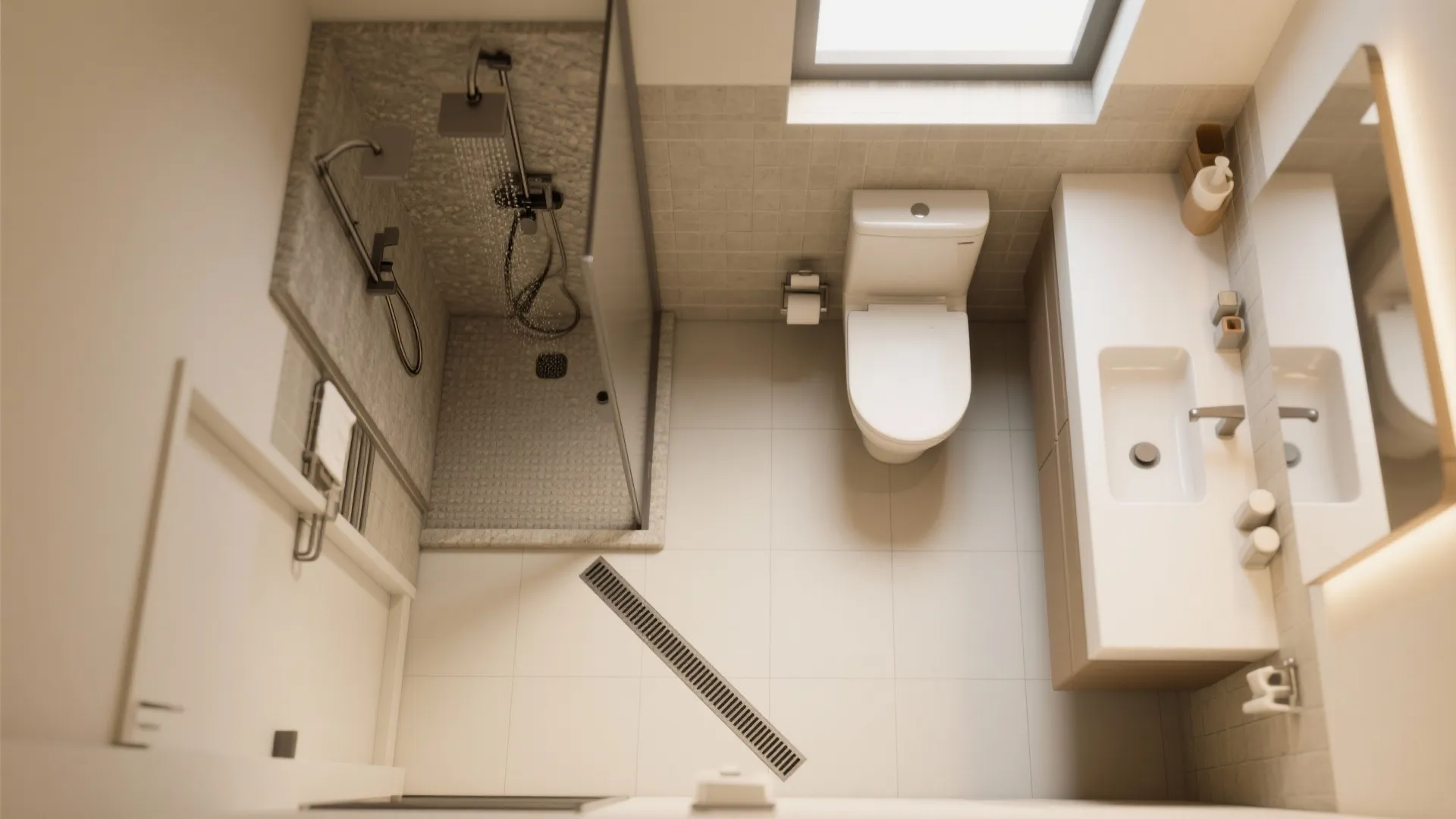 Modern bathroom top view with shower area toilet sink cabinet floor tiles and natural light