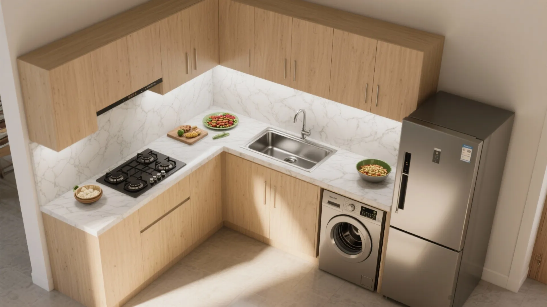 L-shaped kitchen workflow and a tucked utility