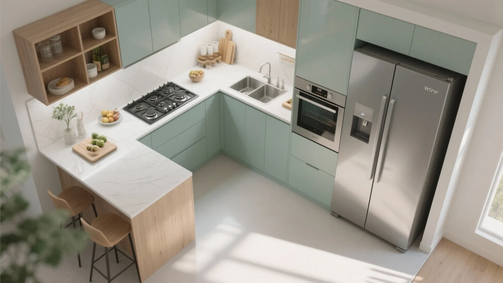 L-shaped kitchen layout that frees counters