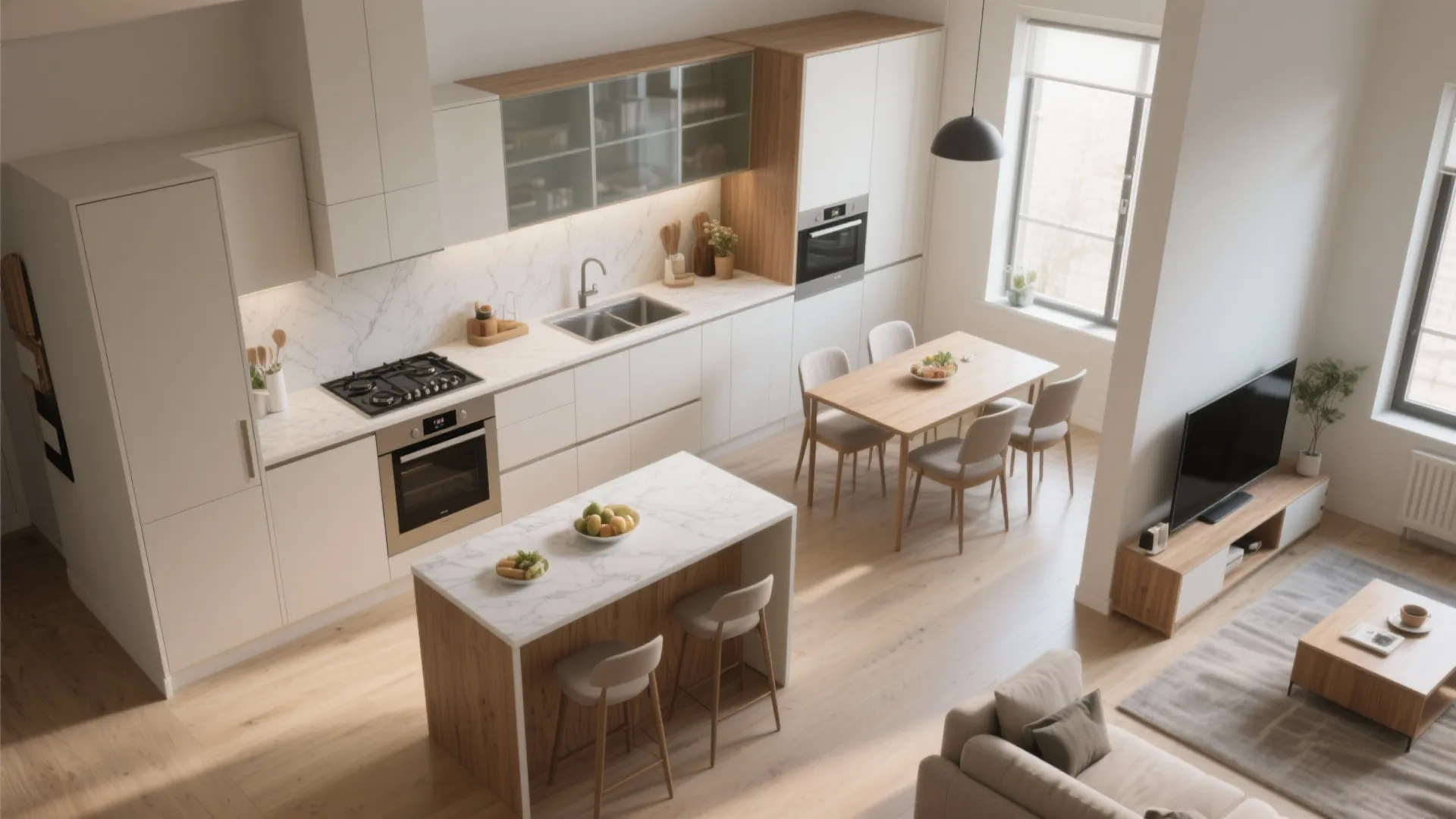 L-shaped open kitchen–living that breathes