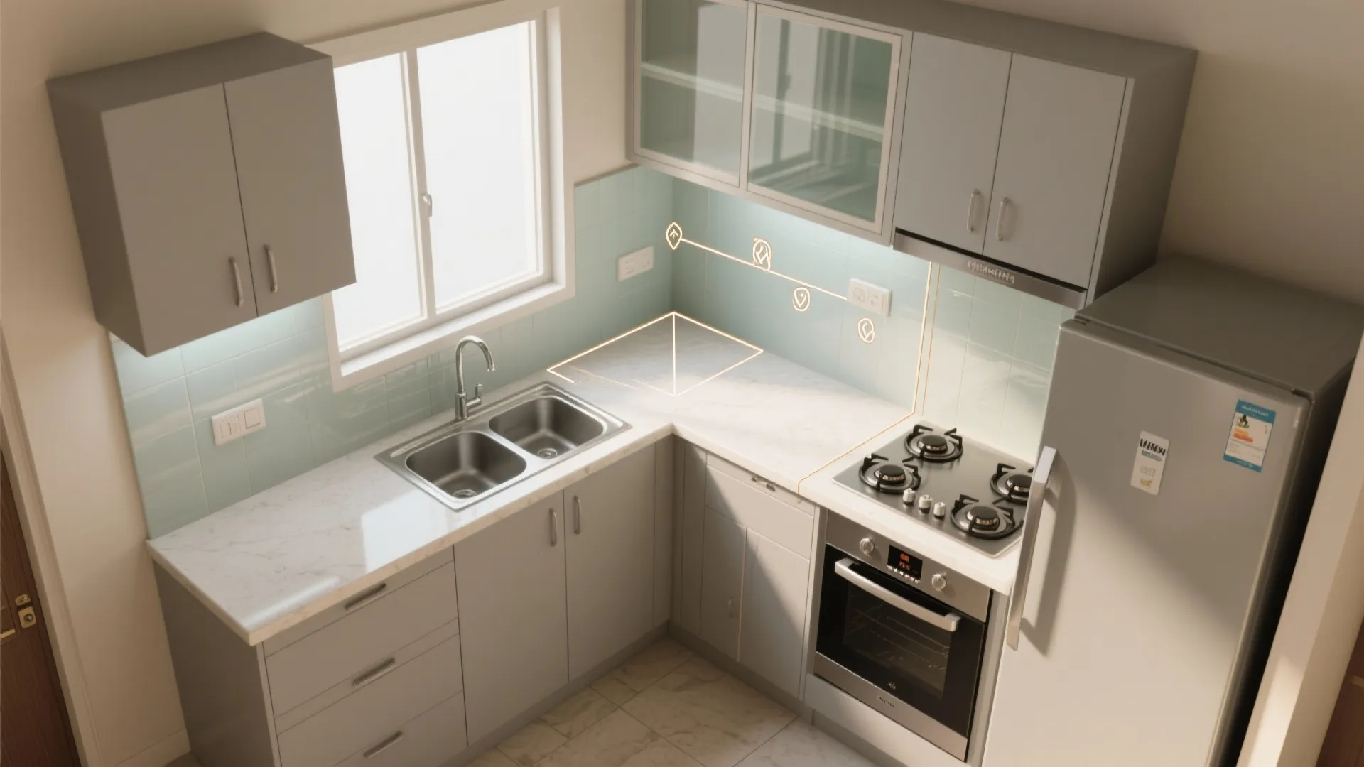 L-shaped small kitchen layout for flow and safety