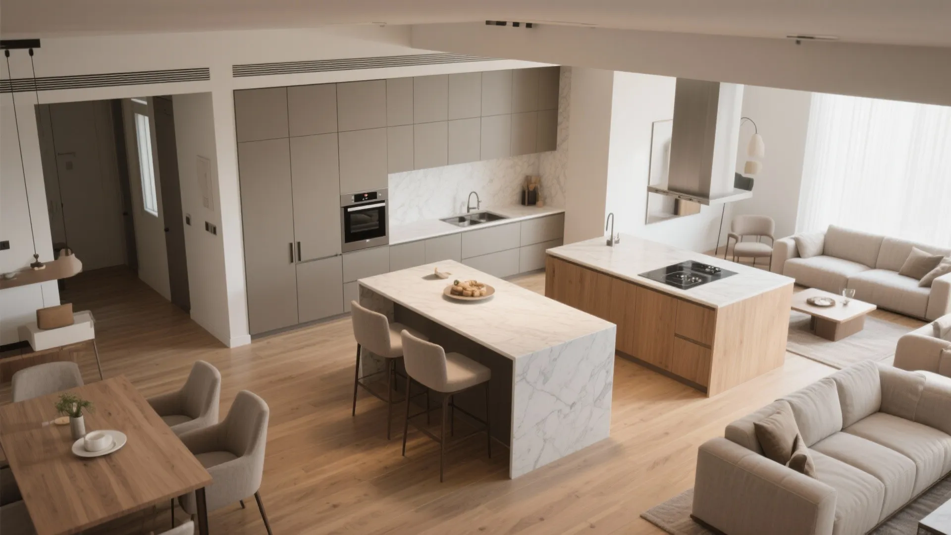 An L-shaped social core with hidden storage walls