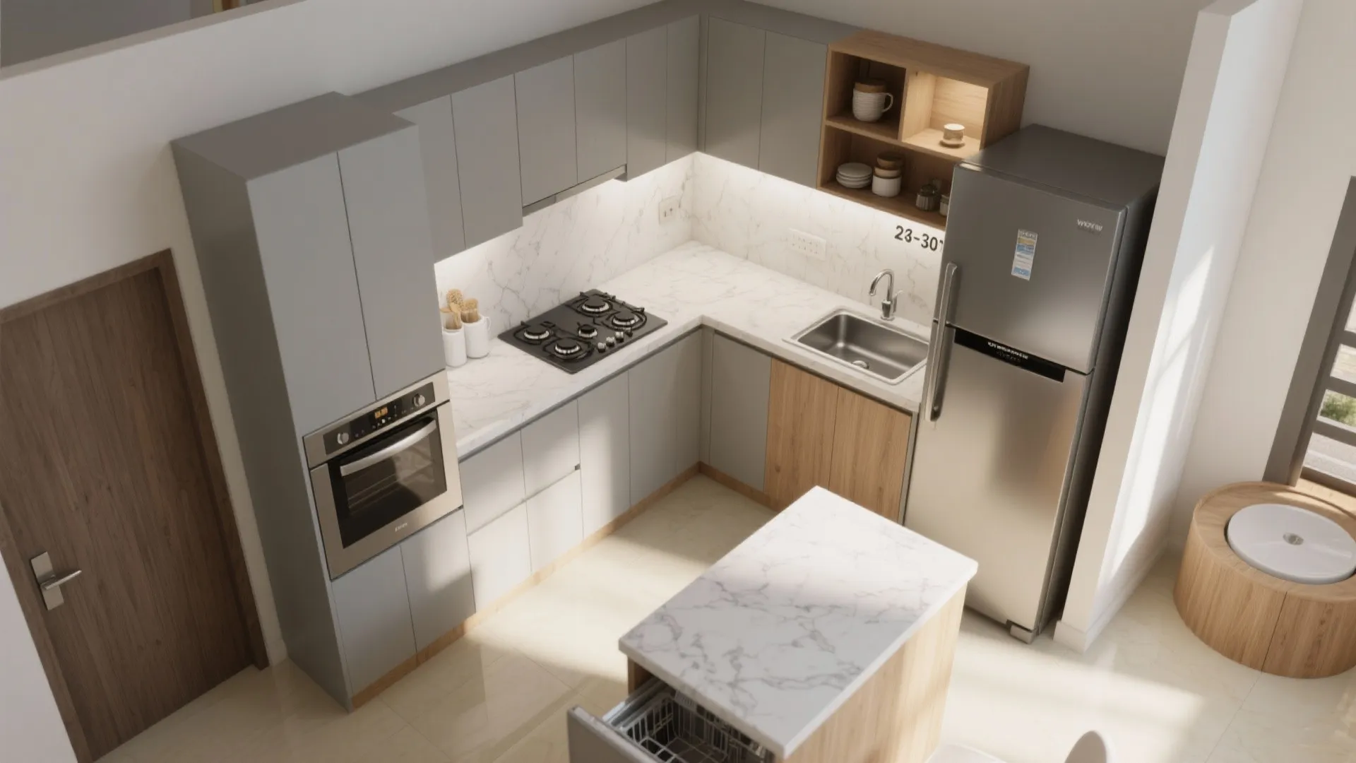 L-shaped kitchen layout that frees up counters