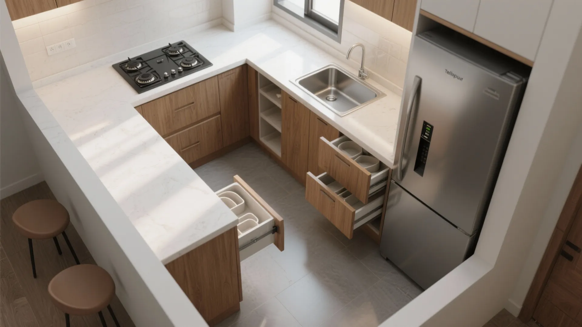 L-shaped layout for functional flow in compact kitchens