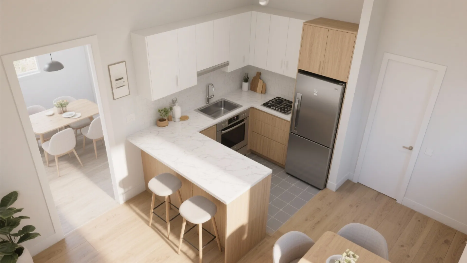 L-shaped kitchen + dining that truly fits a 2 BHK
