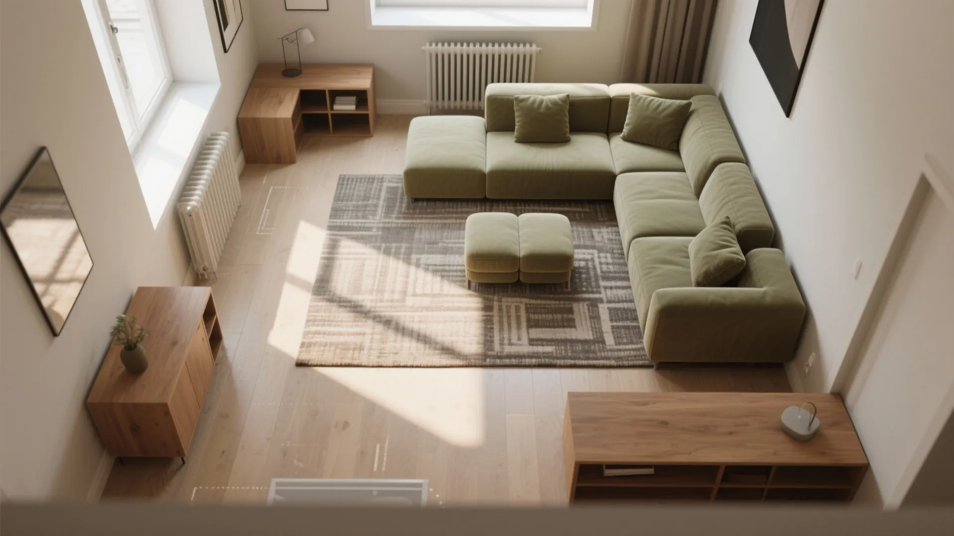 Low-profile modular sofa + a defined rug zone