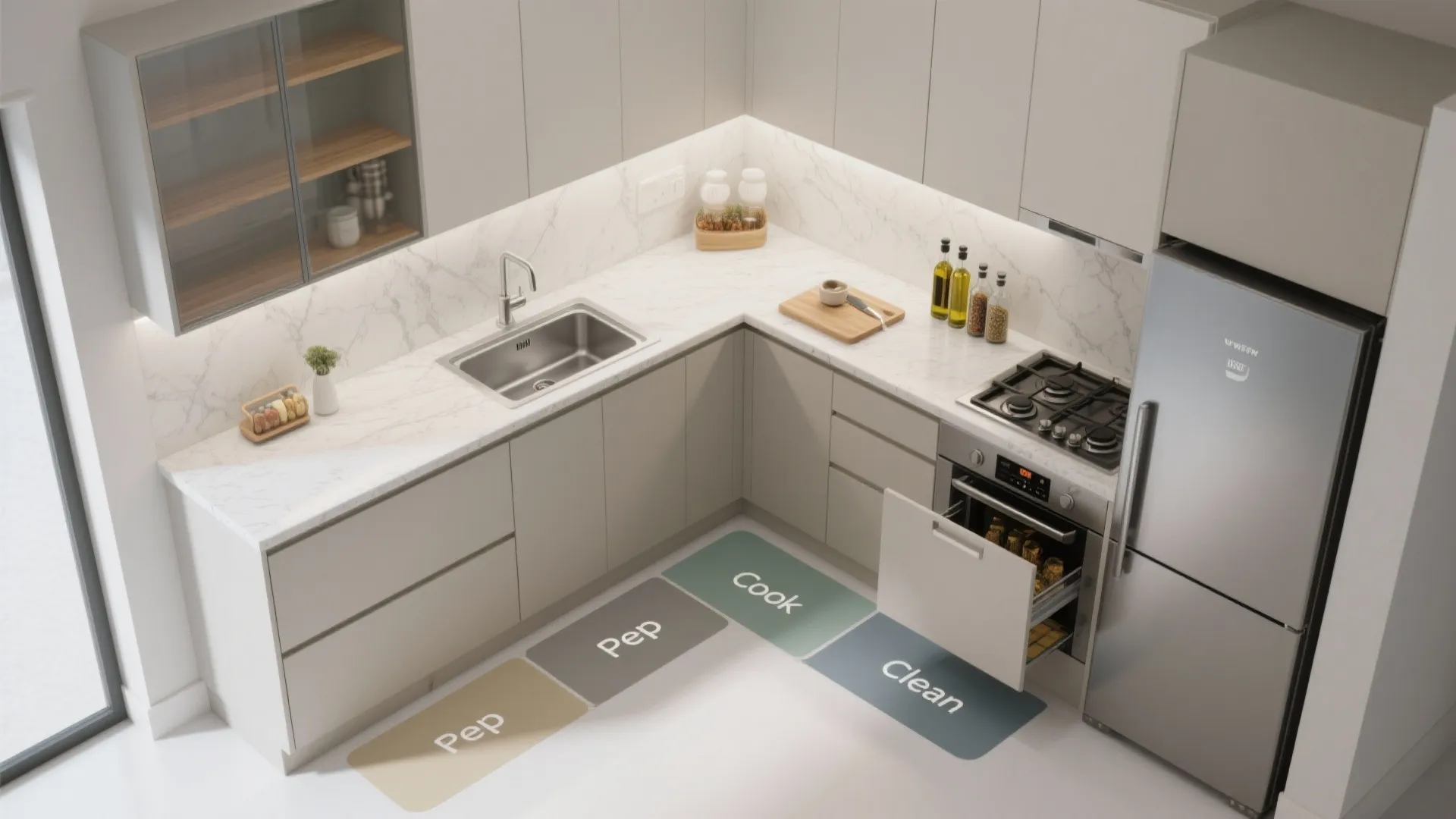 L-shaped layout that frees up real working space