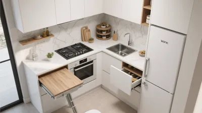 Modern L-Shaped Kitchen with Marble Countertops & Smart Storage