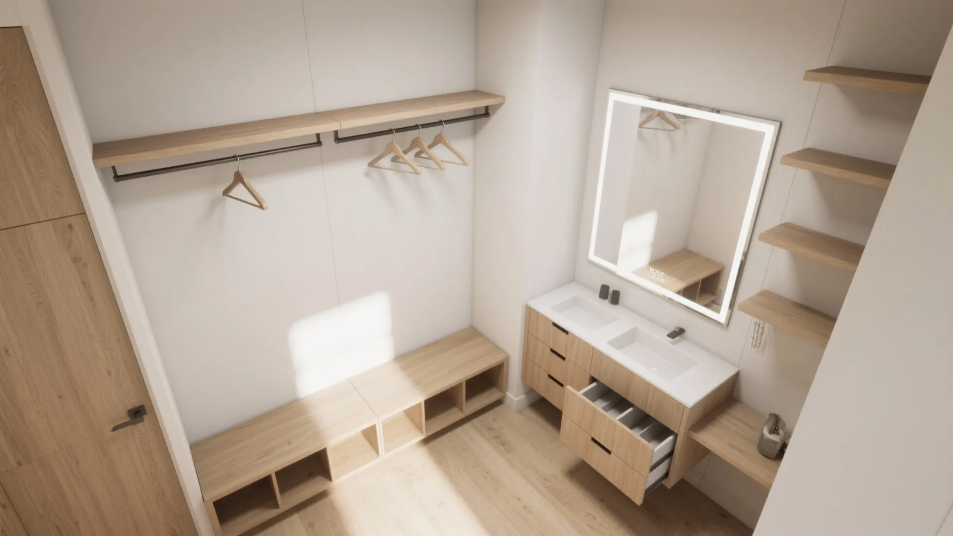 Top view of a bathroom vanity with double sinks mirror and wooden shelves for storage organization