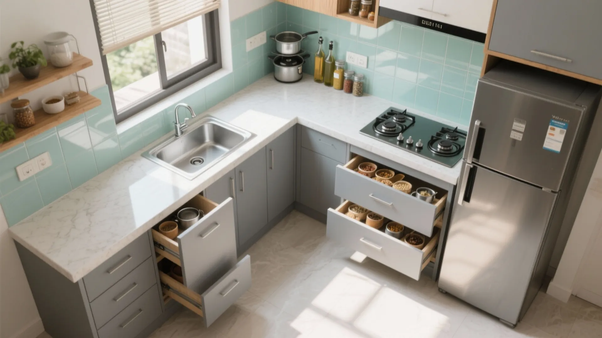L-shaped micro kitchen layout that frees counter space