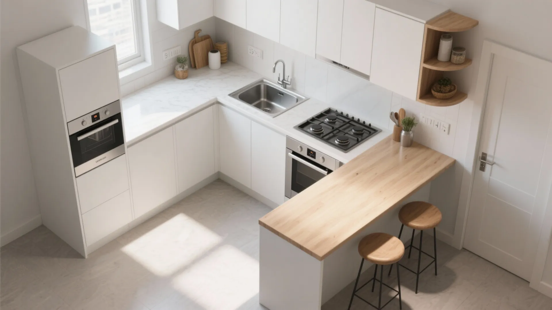 Modern white kitchen with wood breakfast bar stools gas stove sink and built in oven