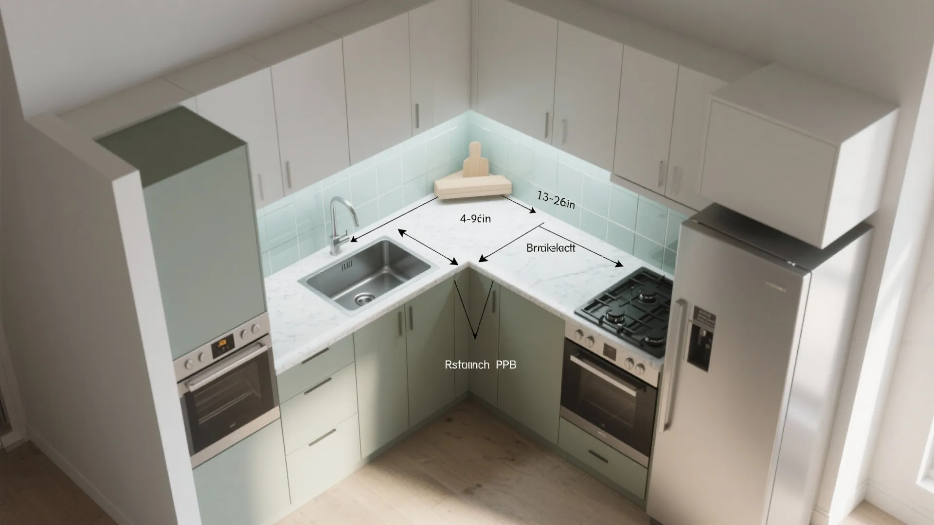 Top down view of L-shaped kitchen layout with sink gas stove refrigerator and cabinet dimension labels