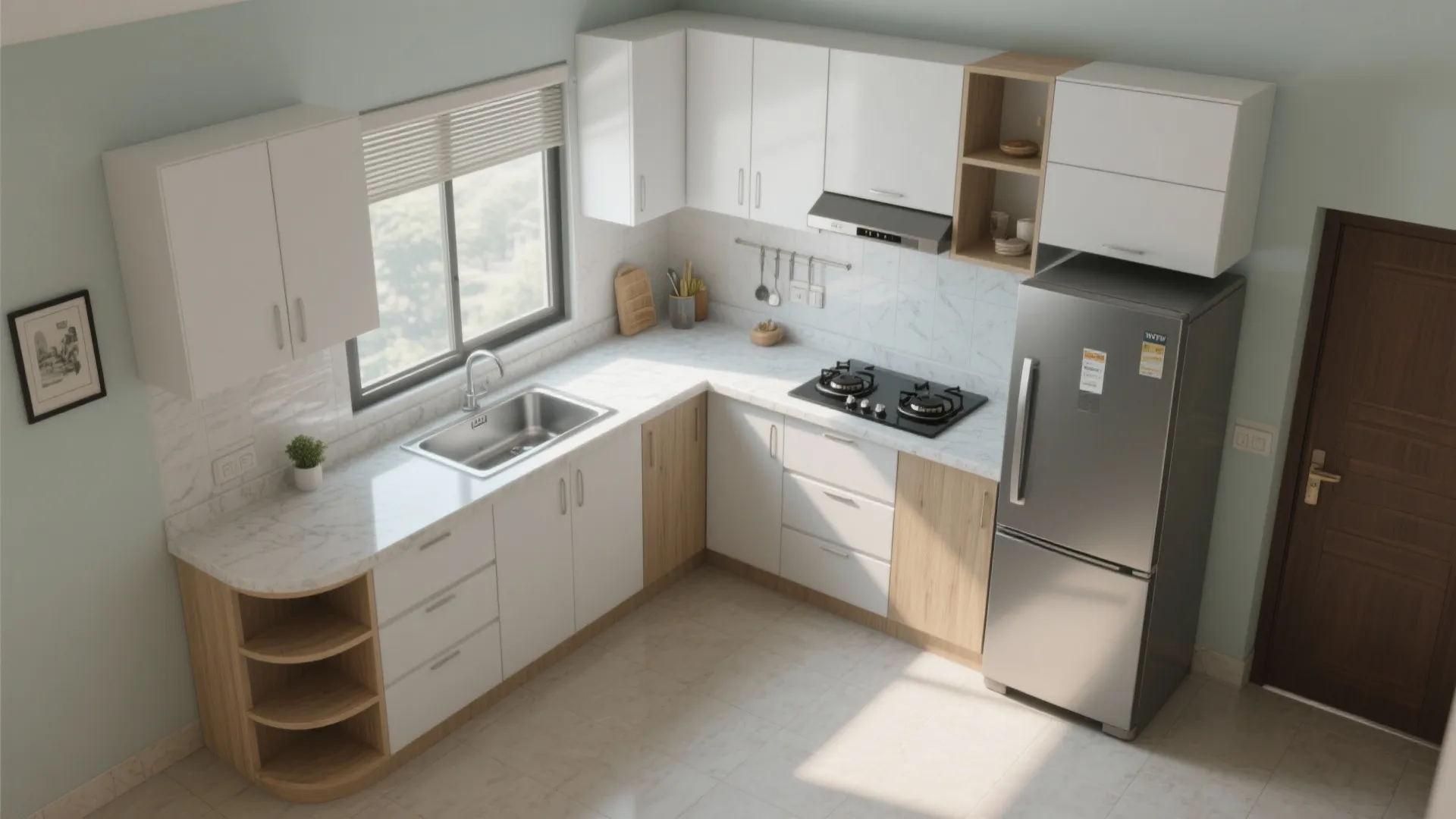 L-shaped layout to free walkway and increase counter