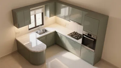 Modern L-Shaped Kitchen with Sage Green Cabinets & Marble Countertops