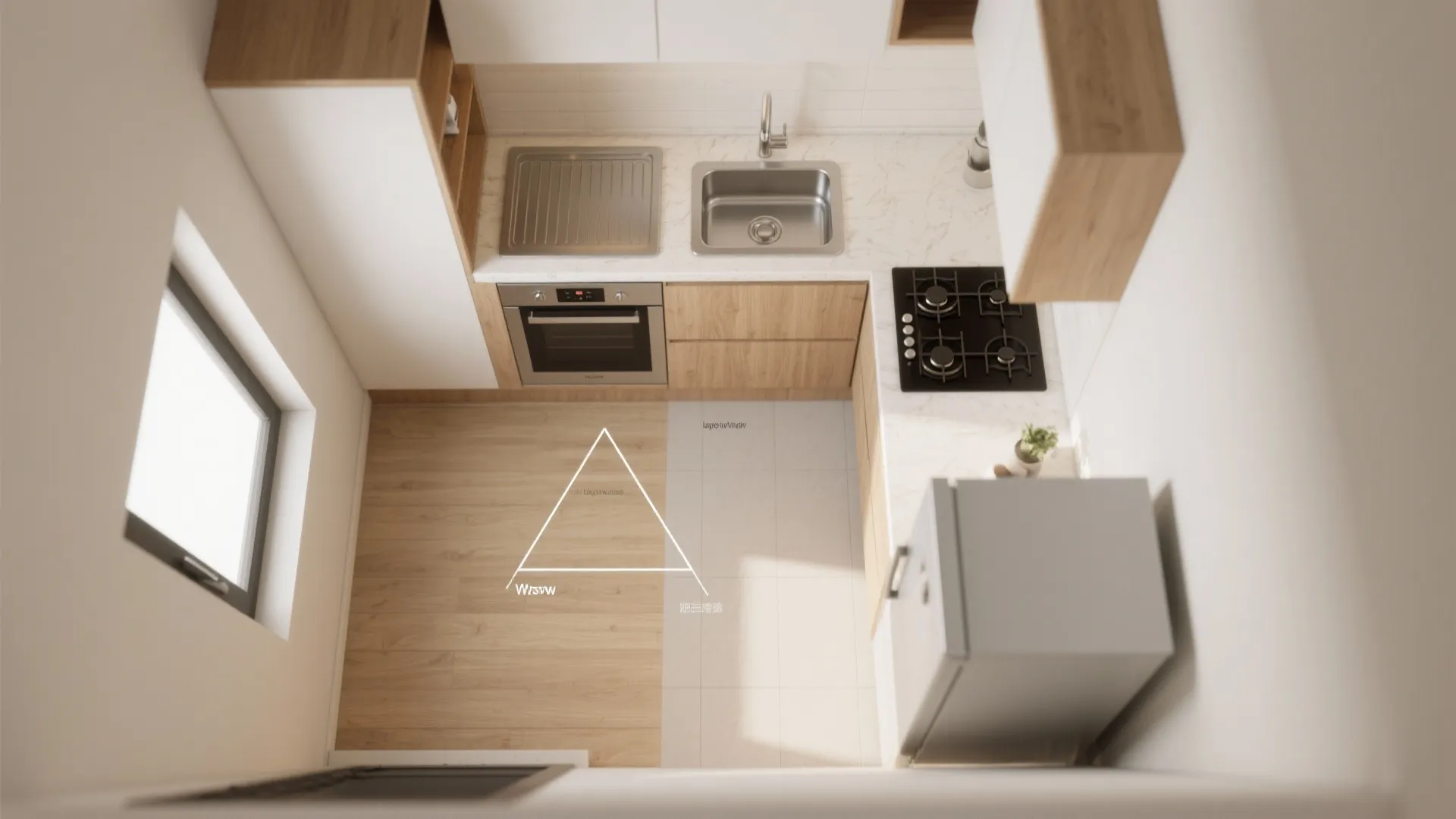 Top down view of small kitchen layout showing a white triangle for efficient work flow design