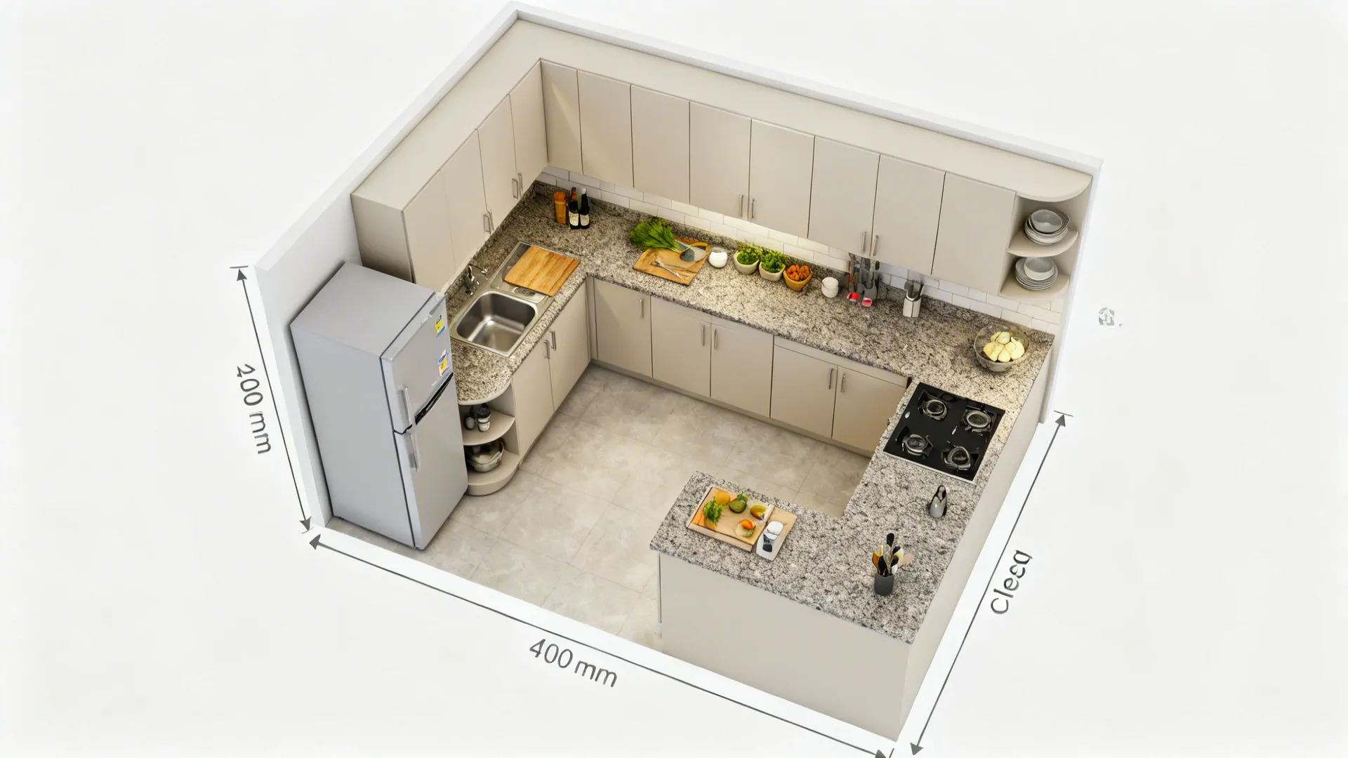 Top-down plan view of an L-shaped small kitchen highlighting work zones and clearances.