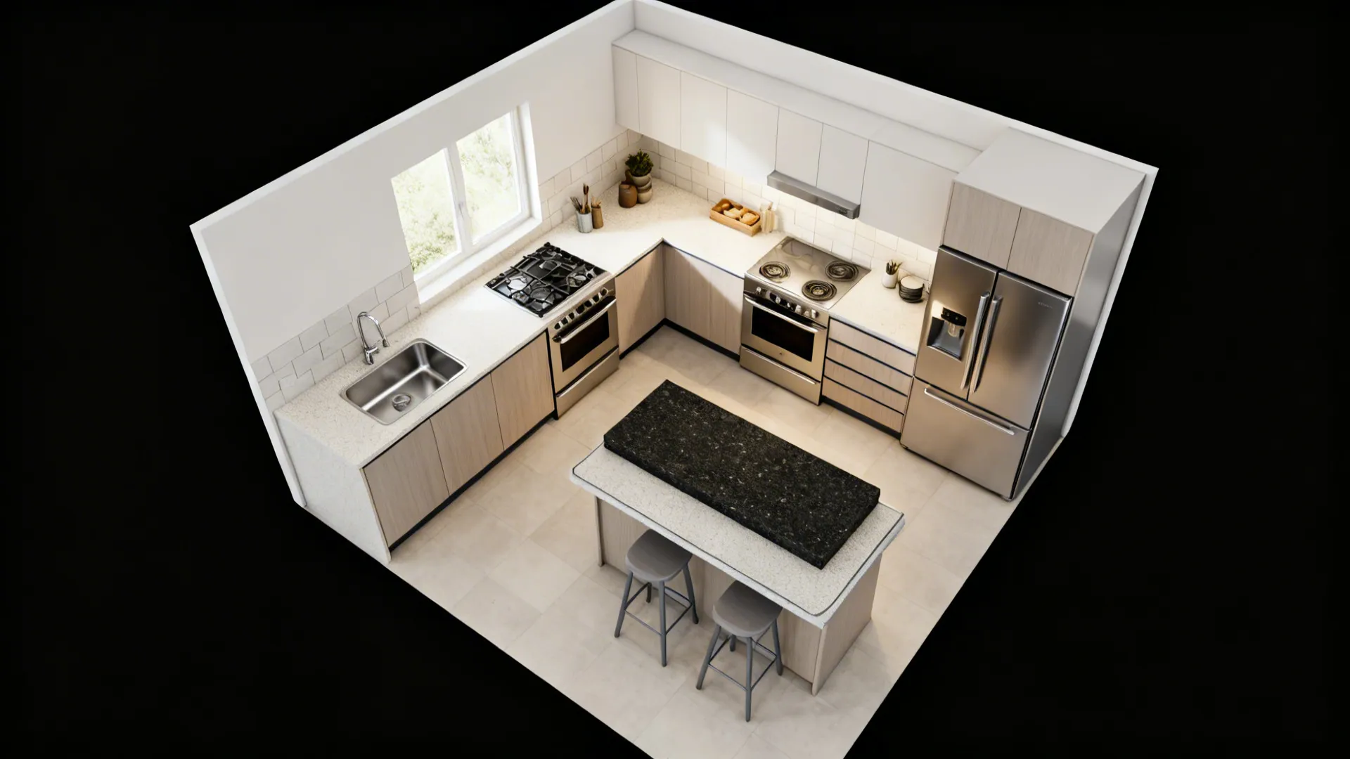 Top-down view of a compact L-shaped kitchen showing sink, hob, fridge triangle and clear prep zone.