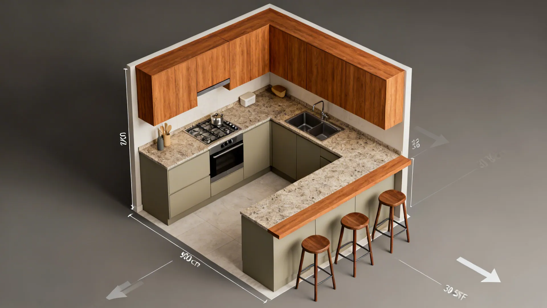 Interior design drawing showing U-shaped kitchen layout with wooden cabinets green cupboards and three stools