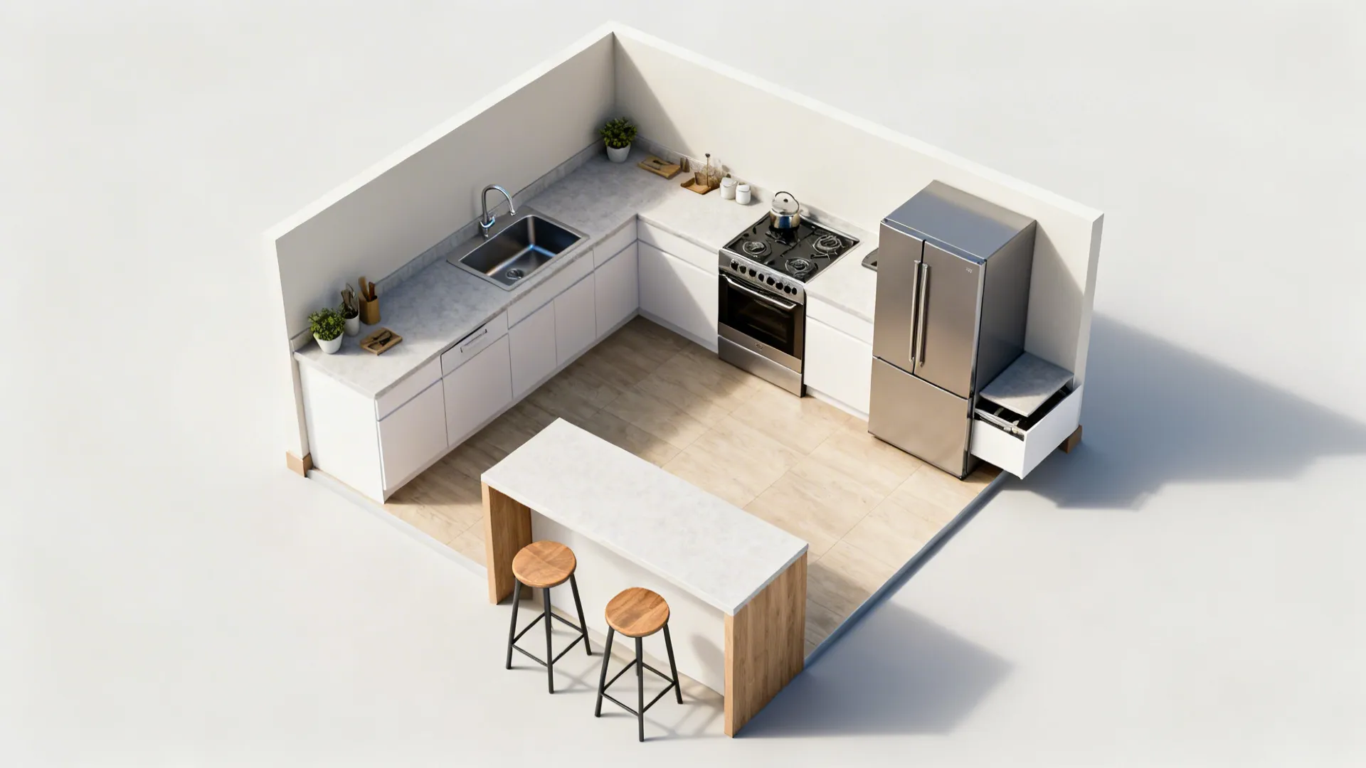 Top-down view of a compact L-shaped kitchen with peninsula and clear work triangle.