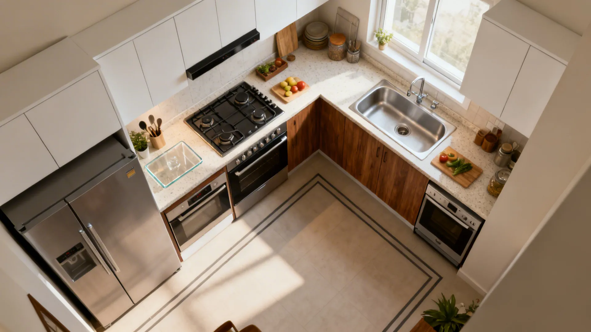 Top-down view of an L-shaped kitchen showing cook, clean, and prep zones with clear counters.