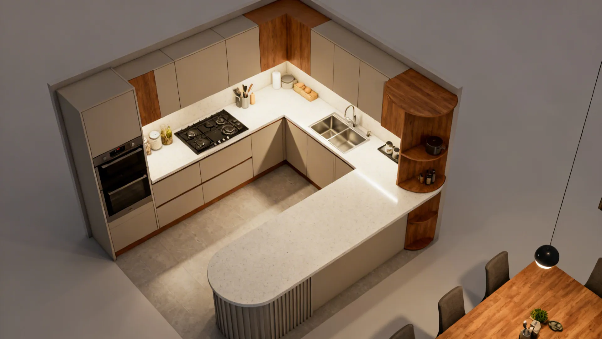 Top-down view of an L-shaped small kitchen with clear zones and a 1000 mm aisle.
