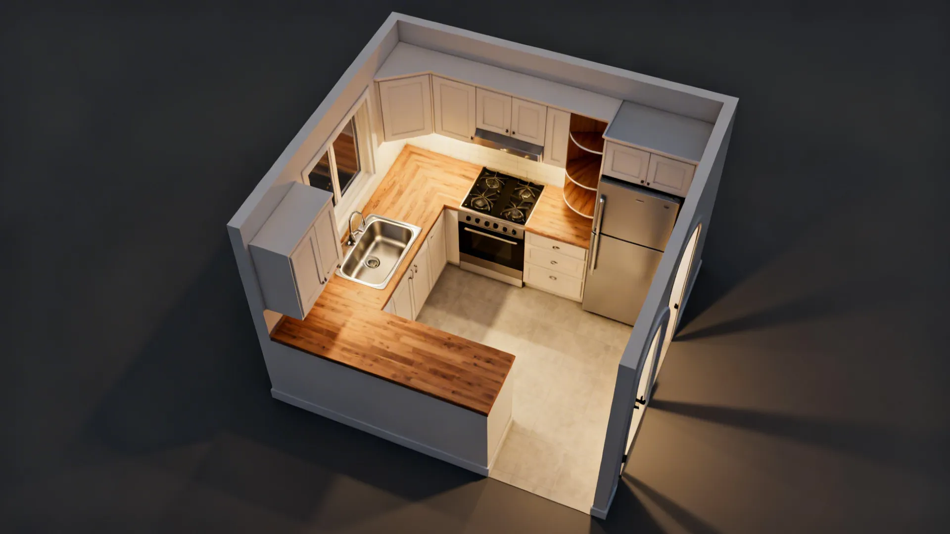 Top-down L-shaped kitchen plan showing compact triangle and clearances without labels.