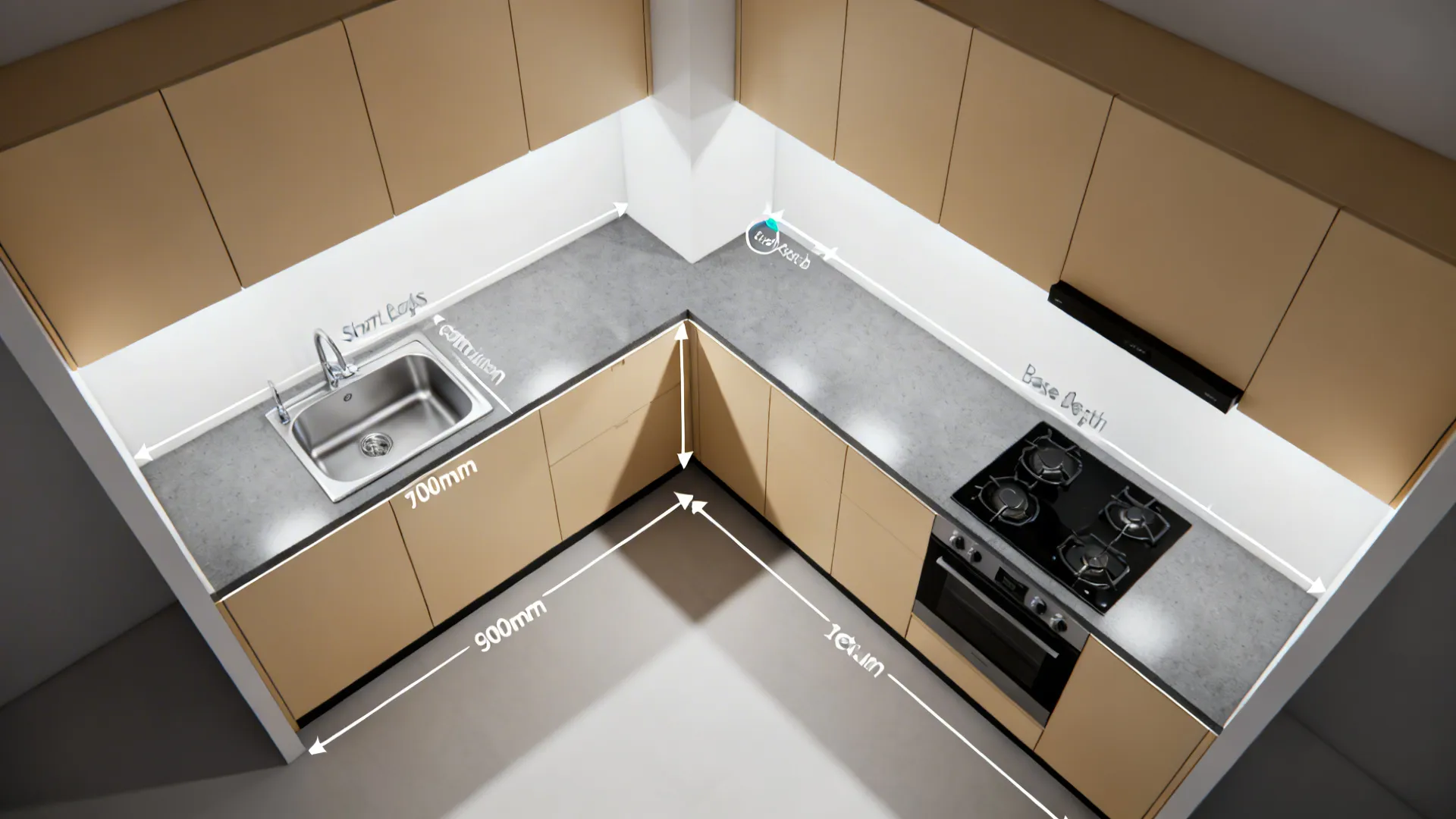 Top-down view of an L-shaped compact kitchen plan showing sink, hob, and corner unit.