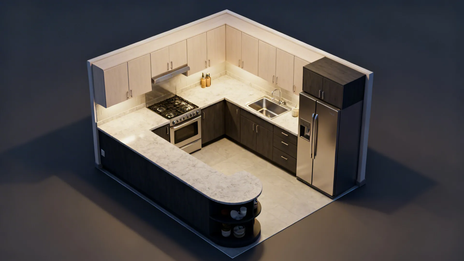 Top-down view of L-shaped kitchen showing work triangle and contiguous counters with two-tone cabinetry.