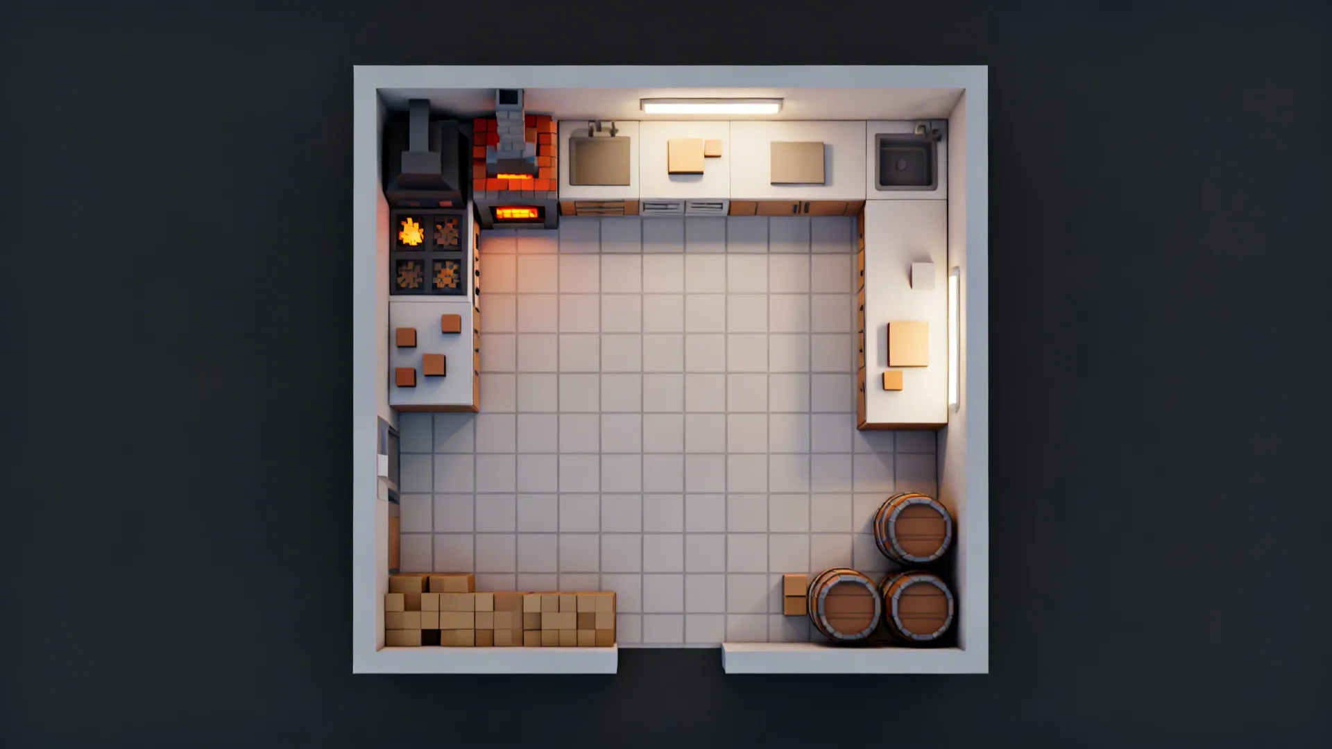 Top-down plan of a 4x4 L-shaped kitchen showing cook, prep, and storage zones.