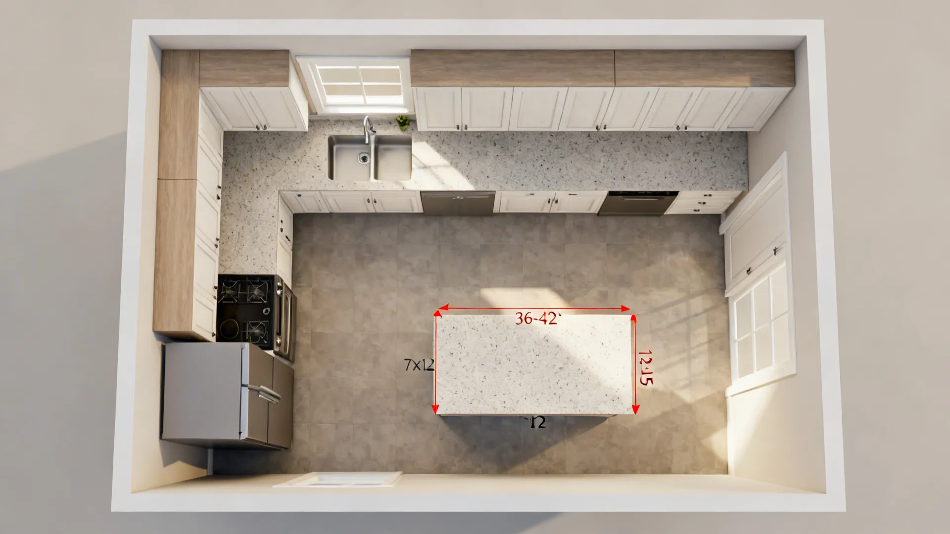 Top-down view of a 7x12 L-shaped kitchen with long uninterrupted counter and clear aisles.