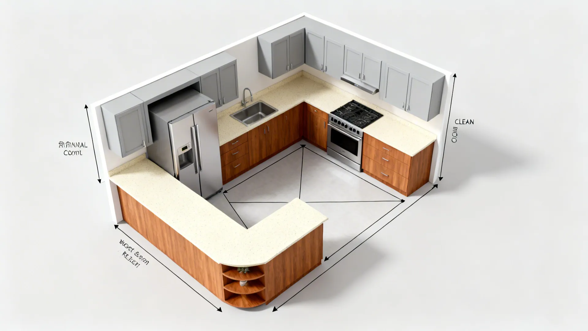 Top-down view of an L-shaped kitchen layout showing work zones and triangle.