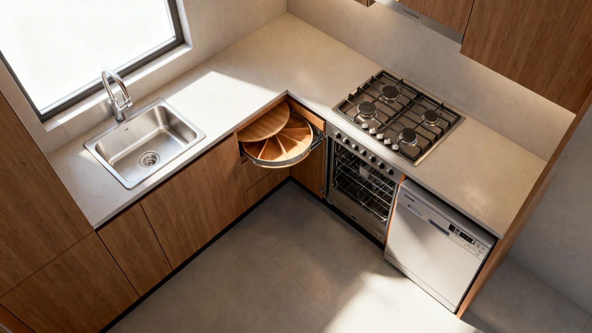L-shaped kitchen with wooden cabinets white countertop sink gas stove oven dishwasher and corner storage