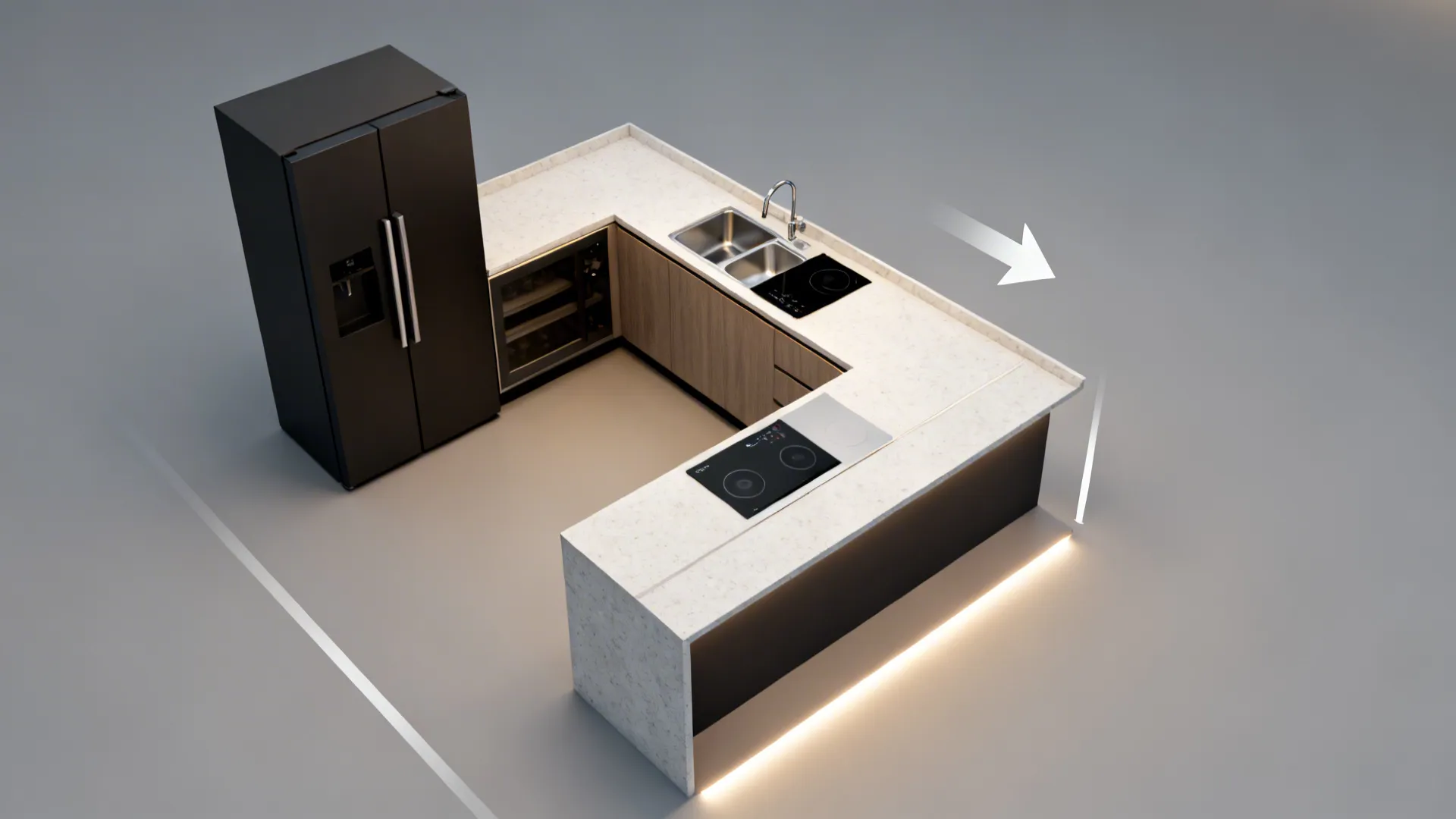 Top-down view of L-shaped 4x3 kitchen with clear zoning