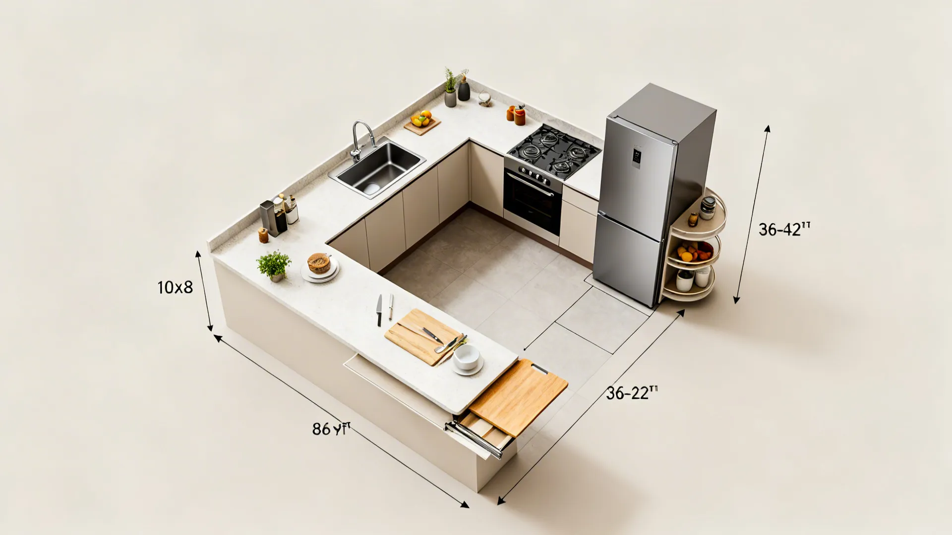 Top-down view of a 10x8 L-shaped kitchen with compact work triangle and clear aisles.