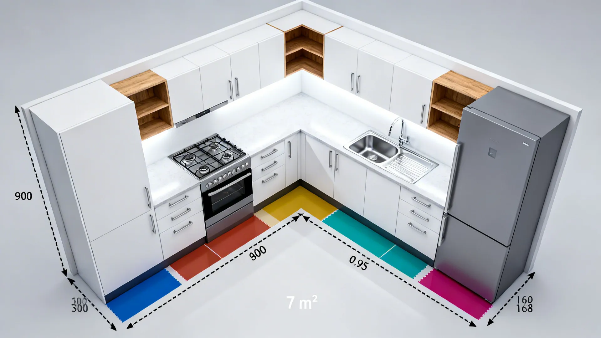 Top-down L-shaped kitchen plan illustrating rotated sink, corner pull-out, and landing zones.