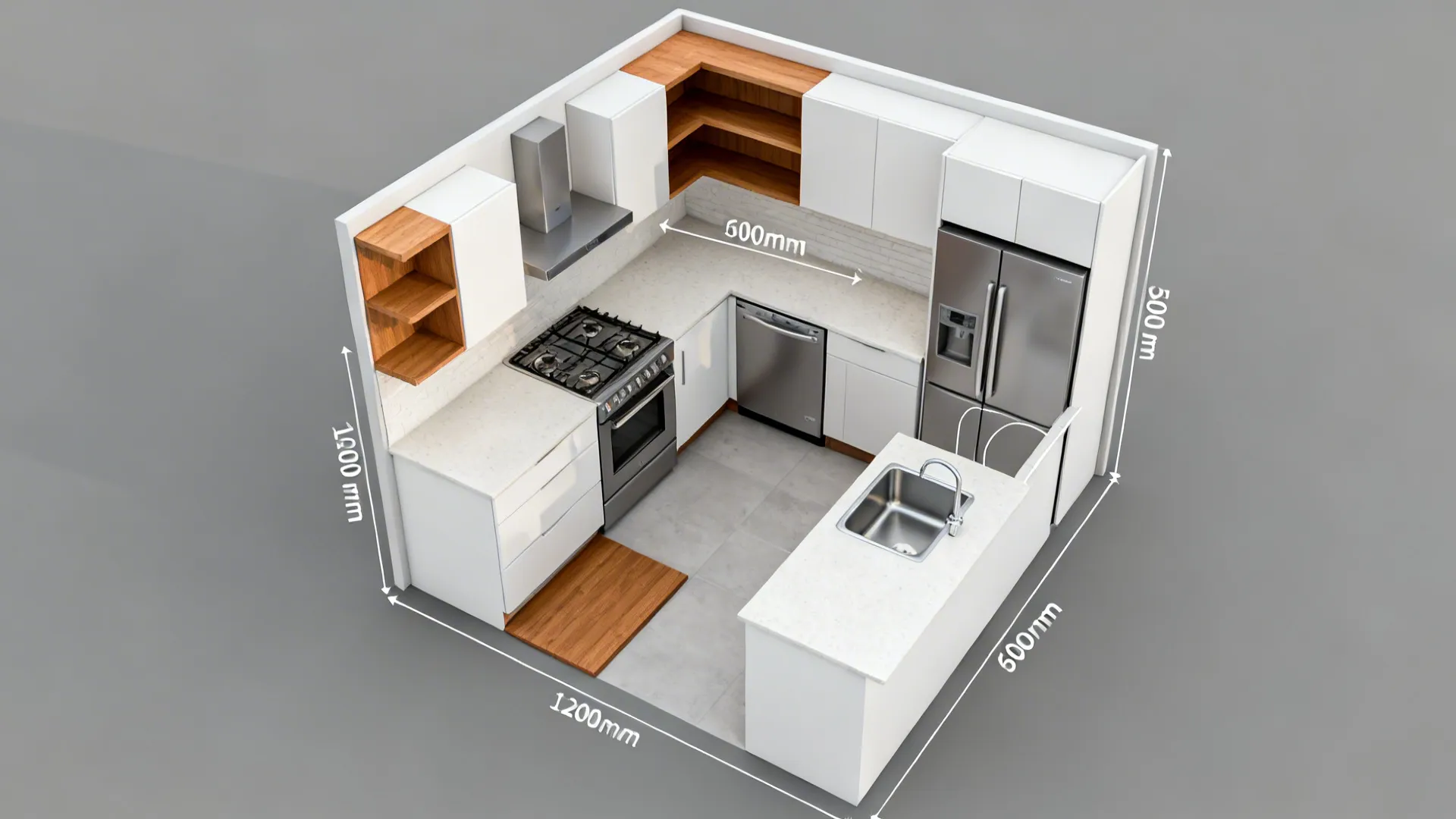 Top-down view of a compact L-shaped kitchen layout with clear aisle and landing zones.