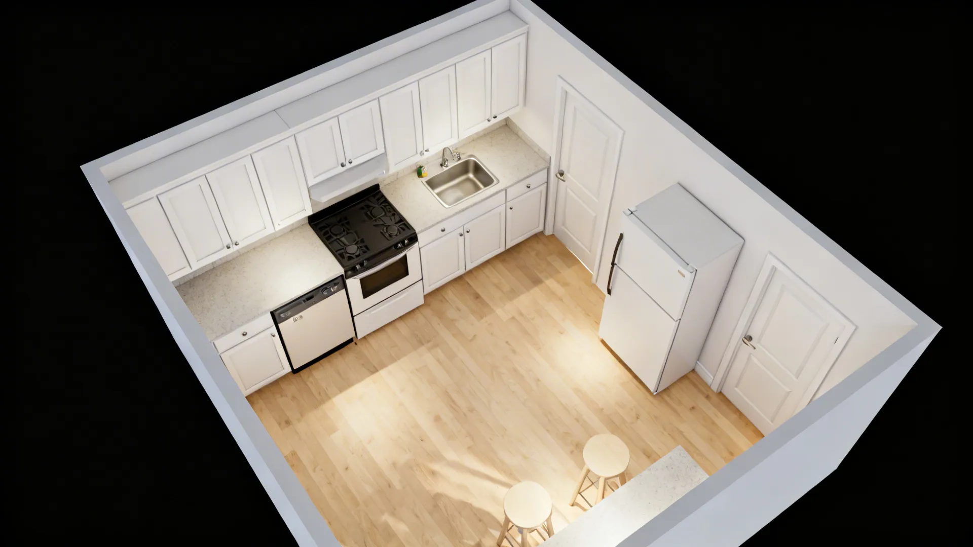 Top-down L-shaped kitchen plan showing clearances, landing zones, and door swings.
