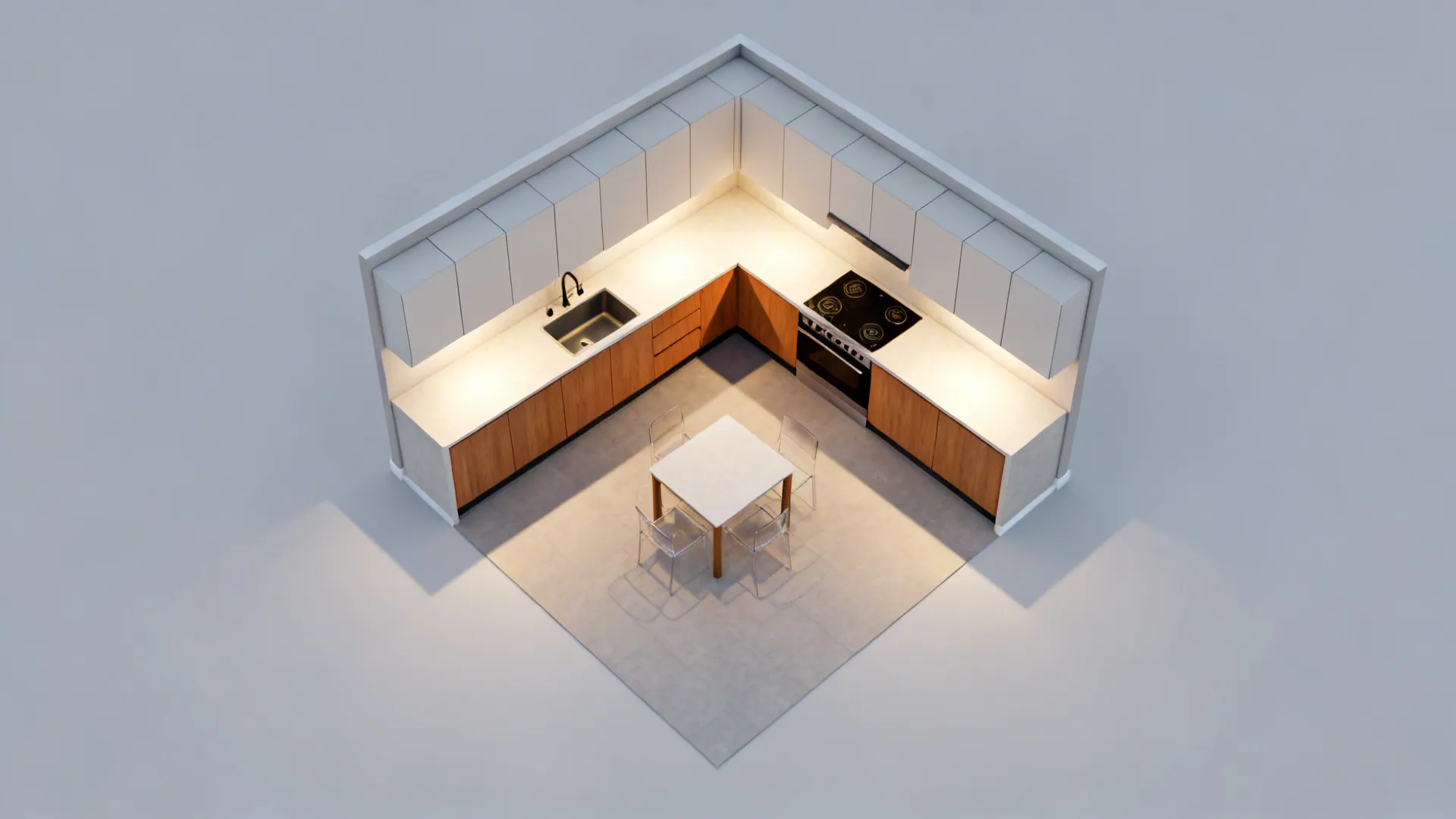 Top-down view of an L-shaped 12x12 kitchen with clear walkways and a small dining area.