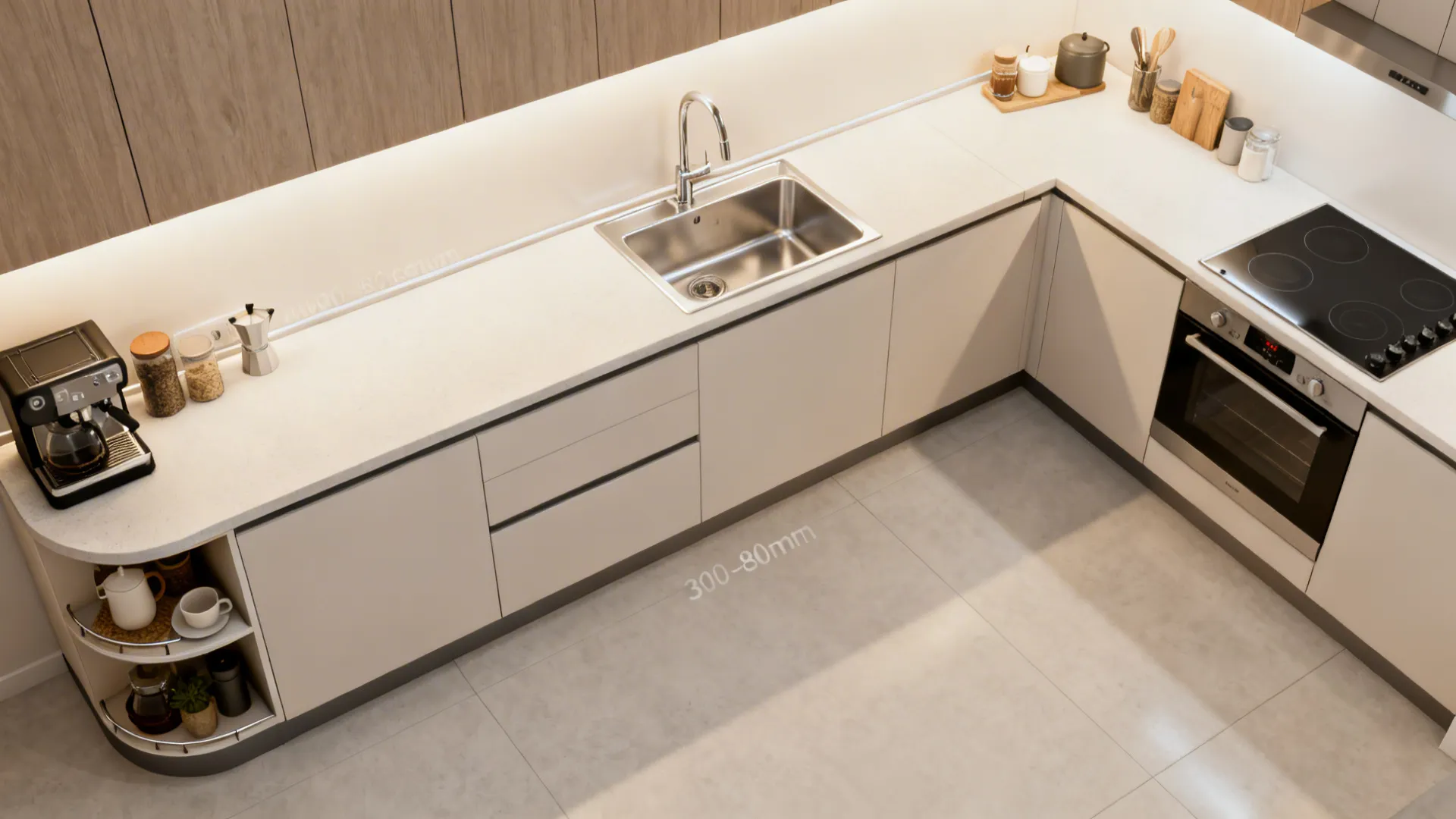 Modern L-shaped kitchen featuring white countertop, stainless steel sink, electric stovetop, oven, and beige cabinets