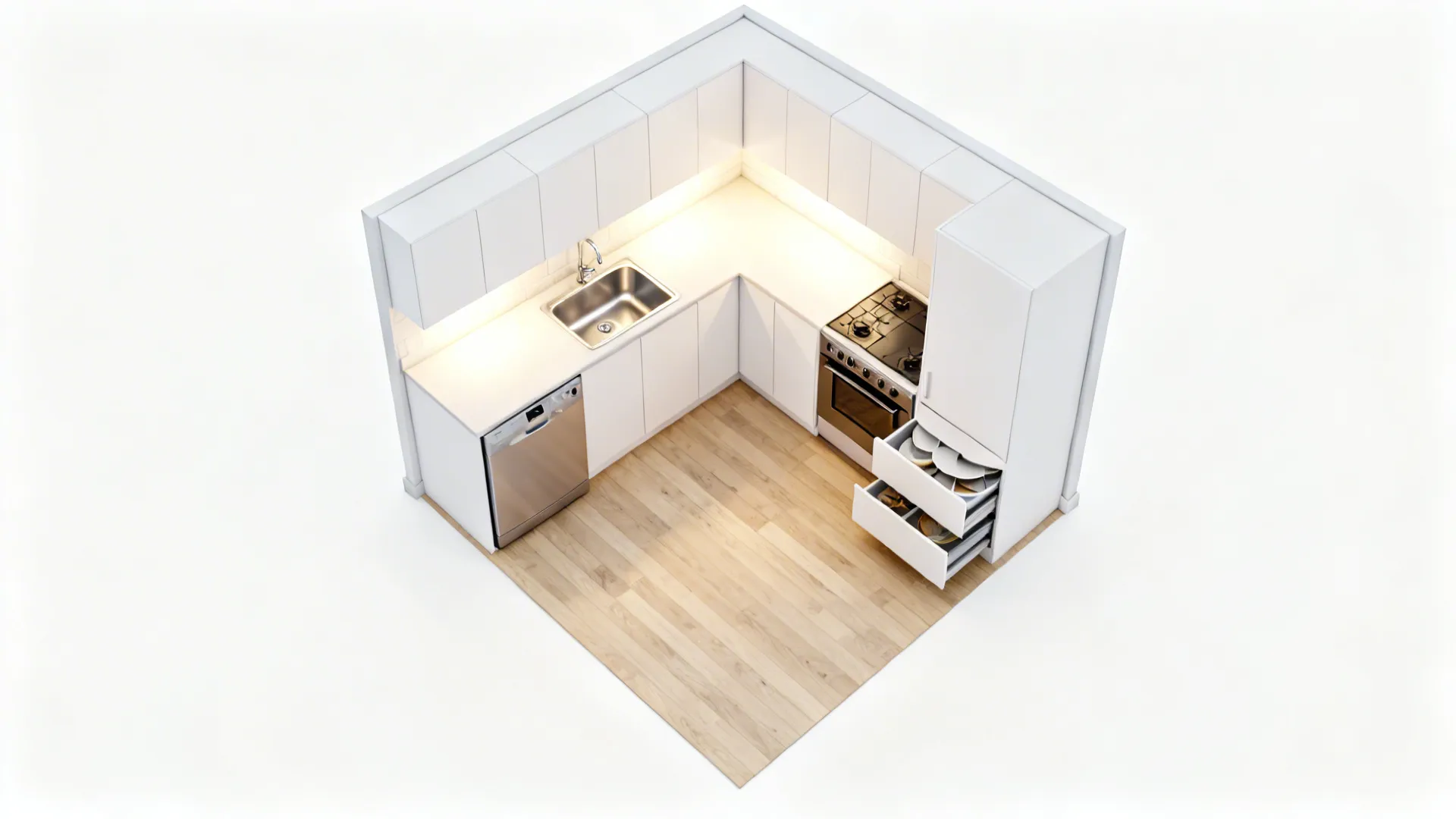 Isometric L-shaped kitchen layout with white cabinets wooden floor sink oven and open storage drawers