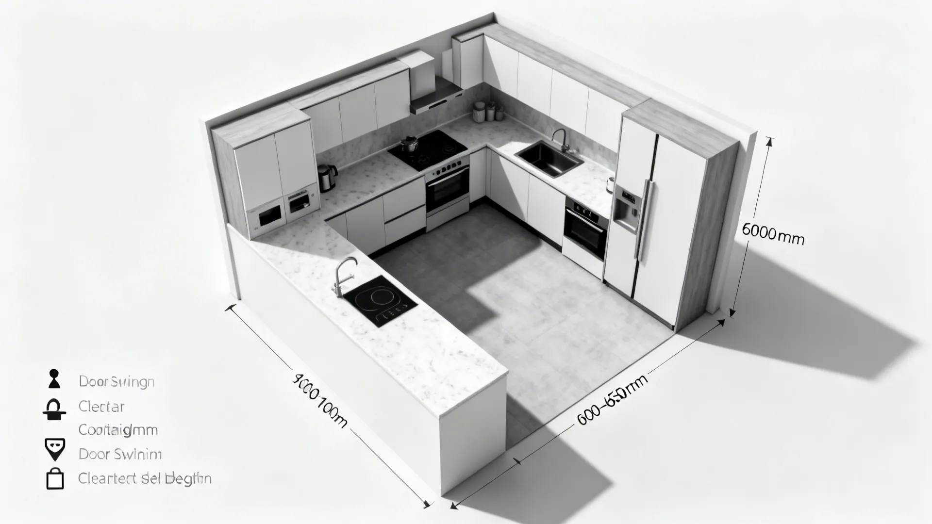 Top-down visualization of a compact L-shaped kitchen with clearances and appliance placement.