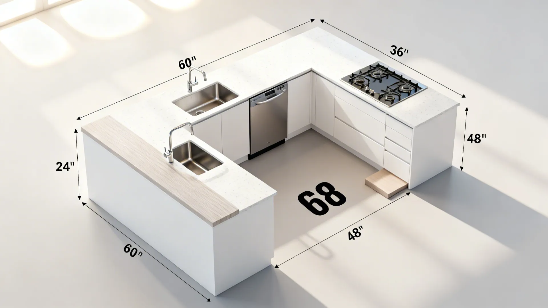 Top-down view of a compact L-shaped studio kitchen plan highlighting continuous counter space.