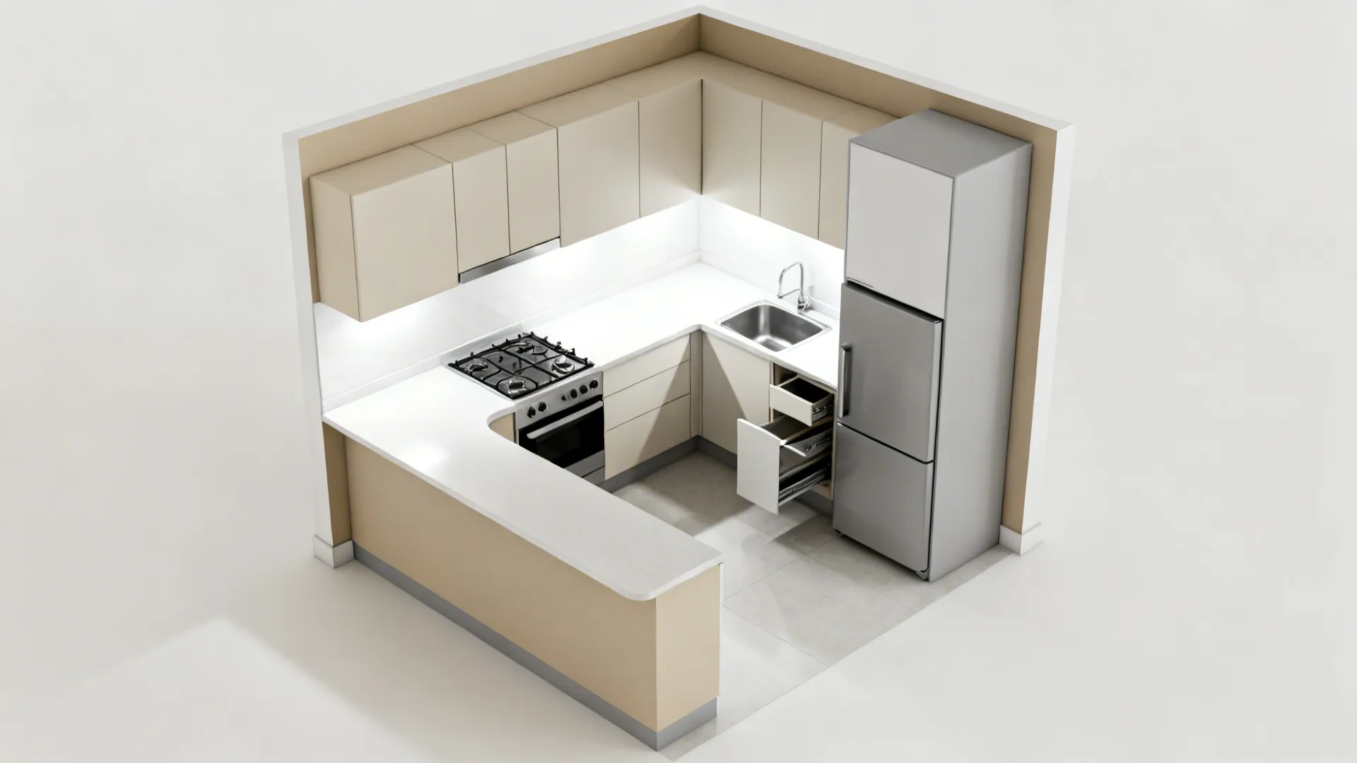 Top-down view of an L-shaped small kitchen showing a clear work triangle and landing zones.