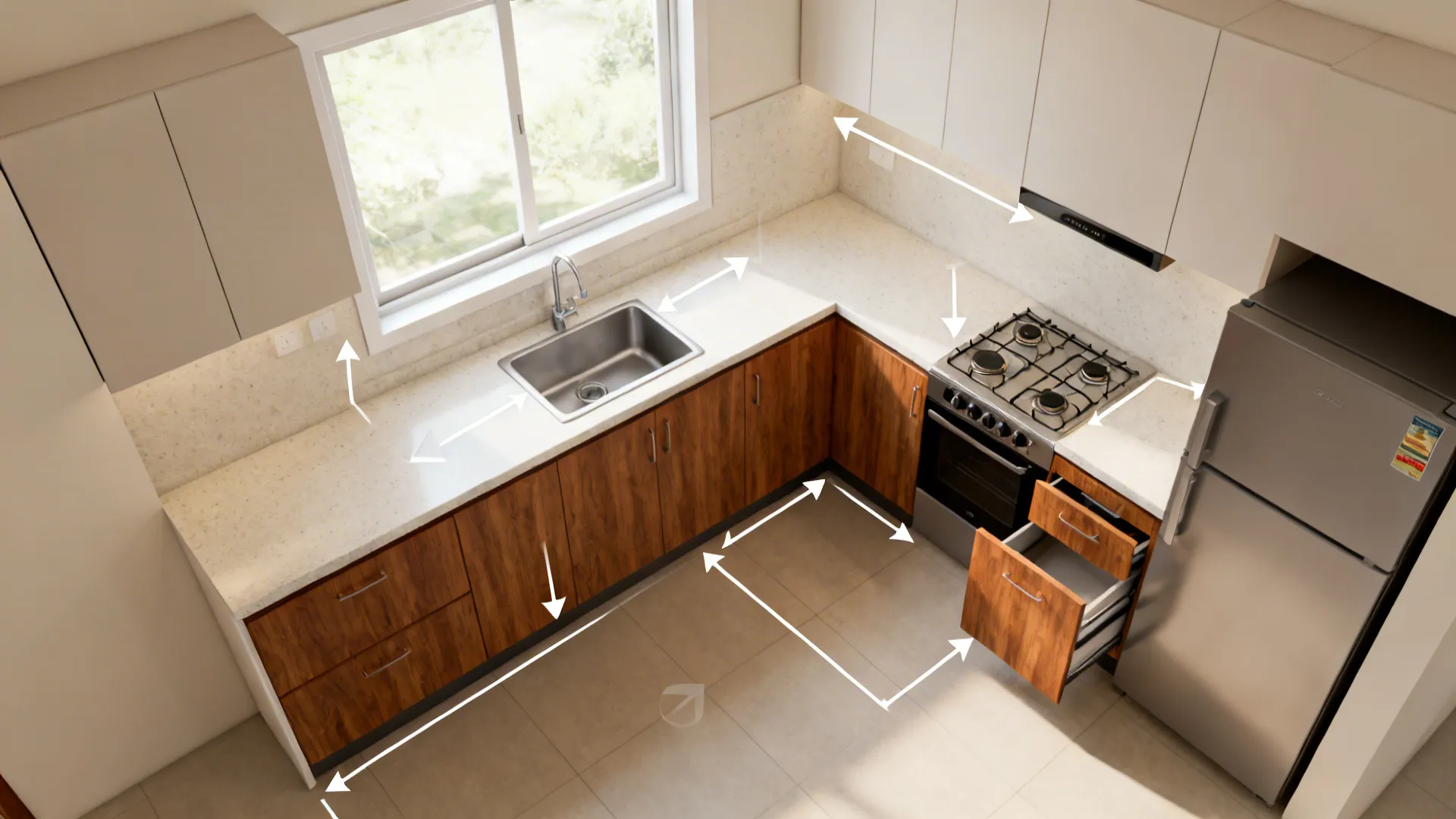 Top-down view of an L-shaped kitchen with the sink under a centered window and hob on the long leg.